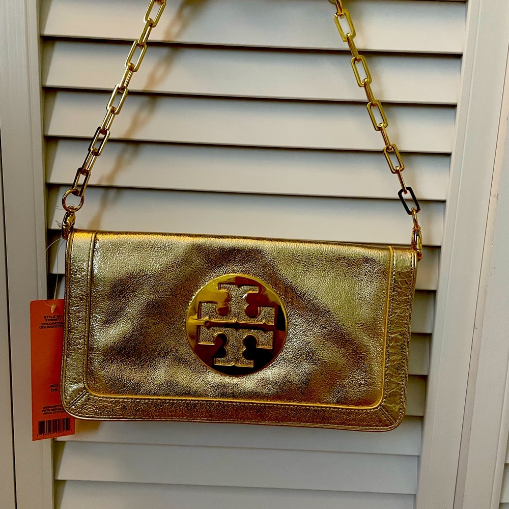 Tory Burch Metallic Reva Clutch in Gold